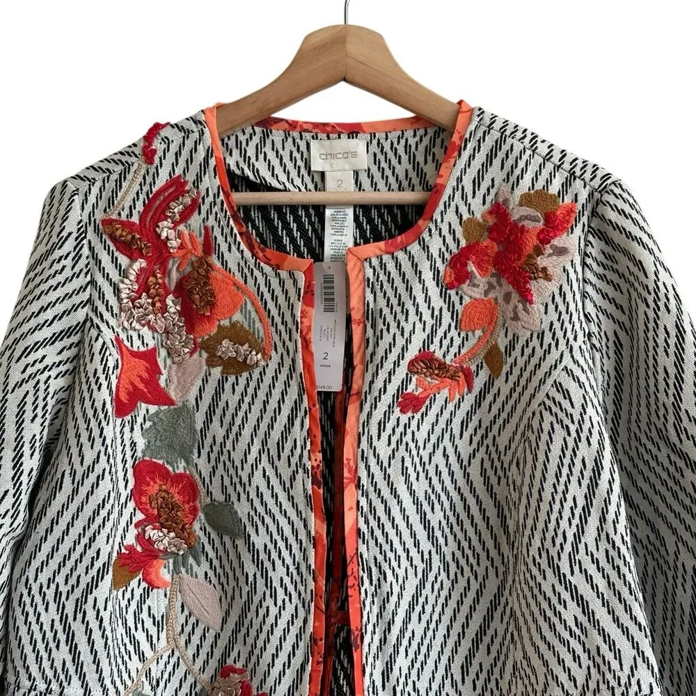 NWT Chico’s Artisan Applique Floral Embroidered 3/4-Sleeves Open Front Jacket 2